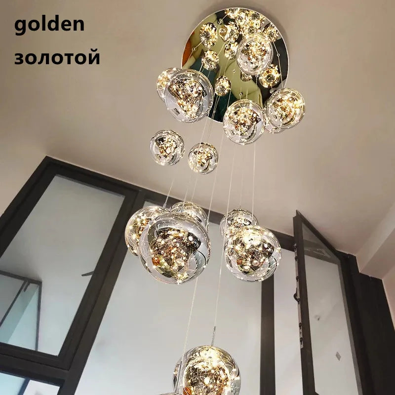 Suspension lustre moderne LED boule de verre réglable pour escalier et salon