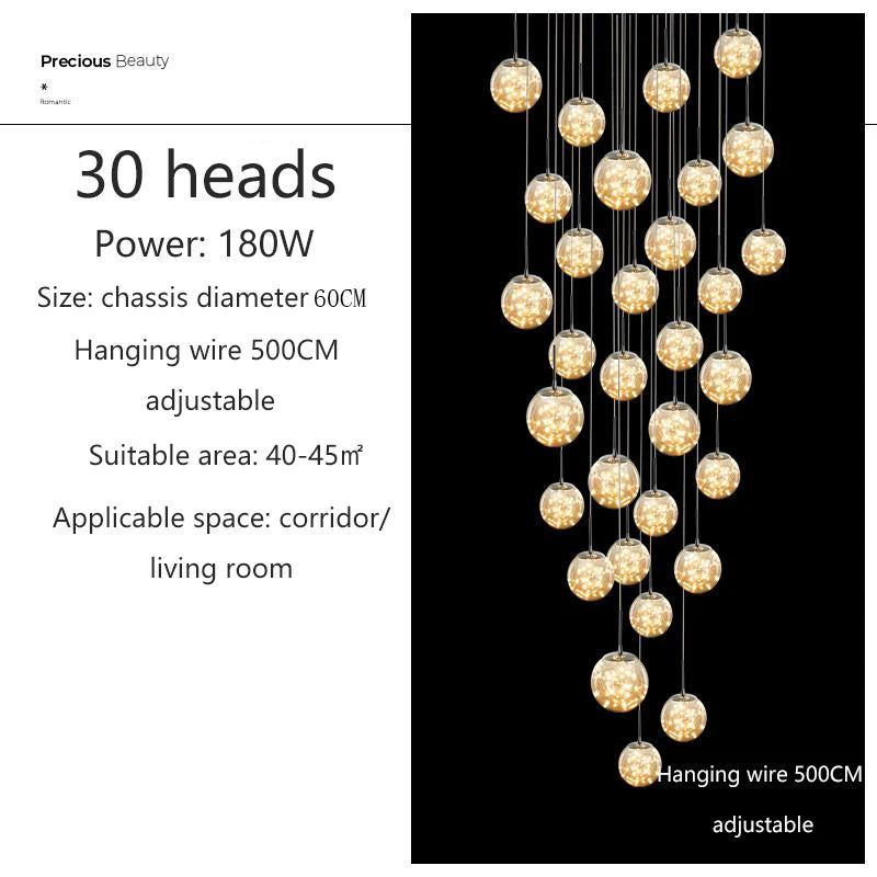 Suspension LED moderne boule de verre pour escalier et salon, lumière chaude dimmable