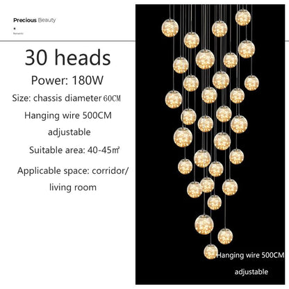 Suspension LED moderne boule de verre pour escalier et salon, lumière chaude dimmable