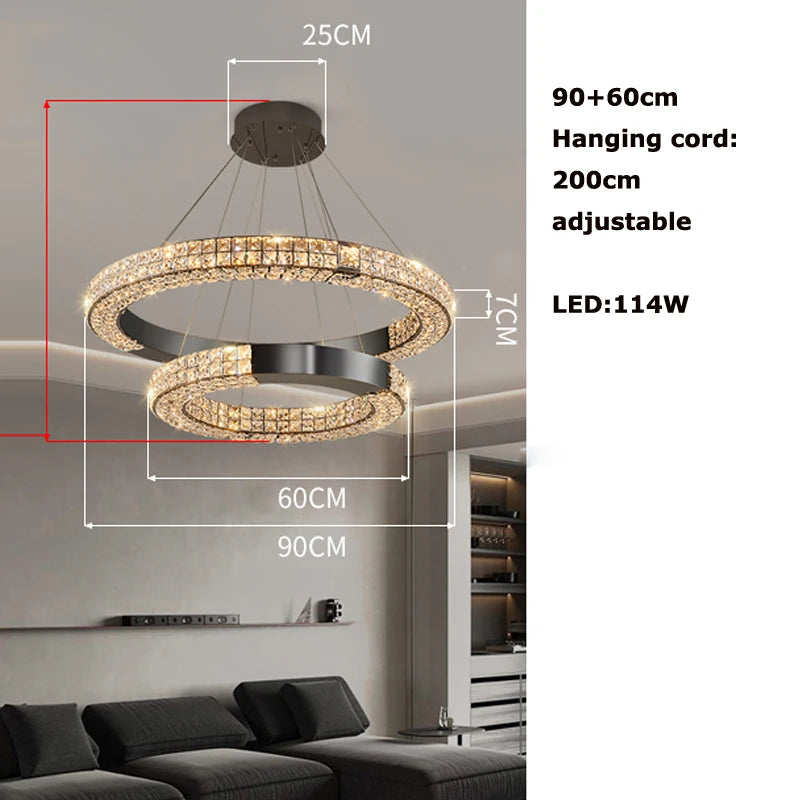 Lustre suspendu K9 cristal noir LED dimmable en acier inoxydable pour salon