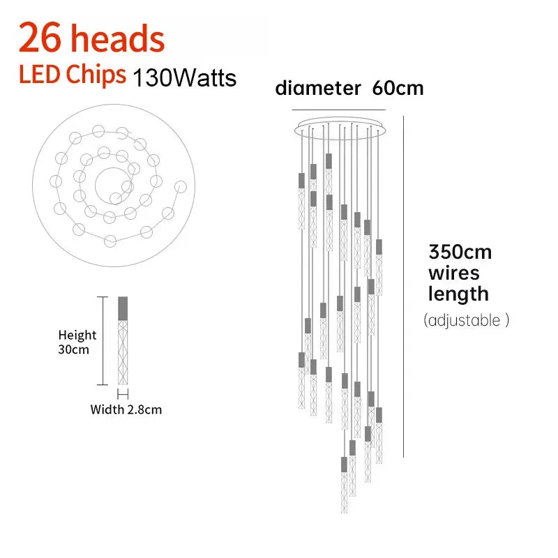 Suspension LED moderne spirale en cristal pour salon et duplex