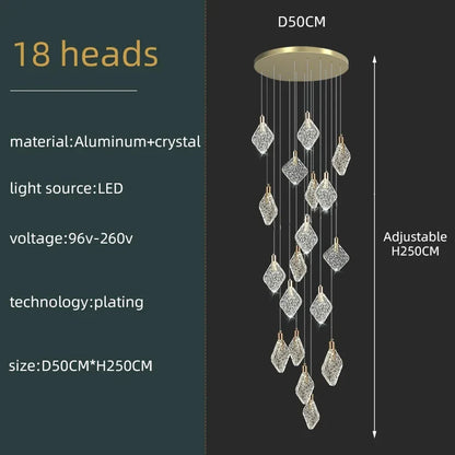 Lustre suspendu en cristal nordique pour salon et escaliers, lumière LED chaleureuse