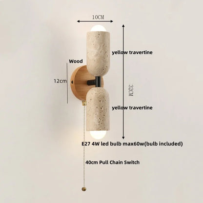 Applique Murale Moderne Bois et Pierre Travertin Jaune à Chaîne LED 2 Lumières