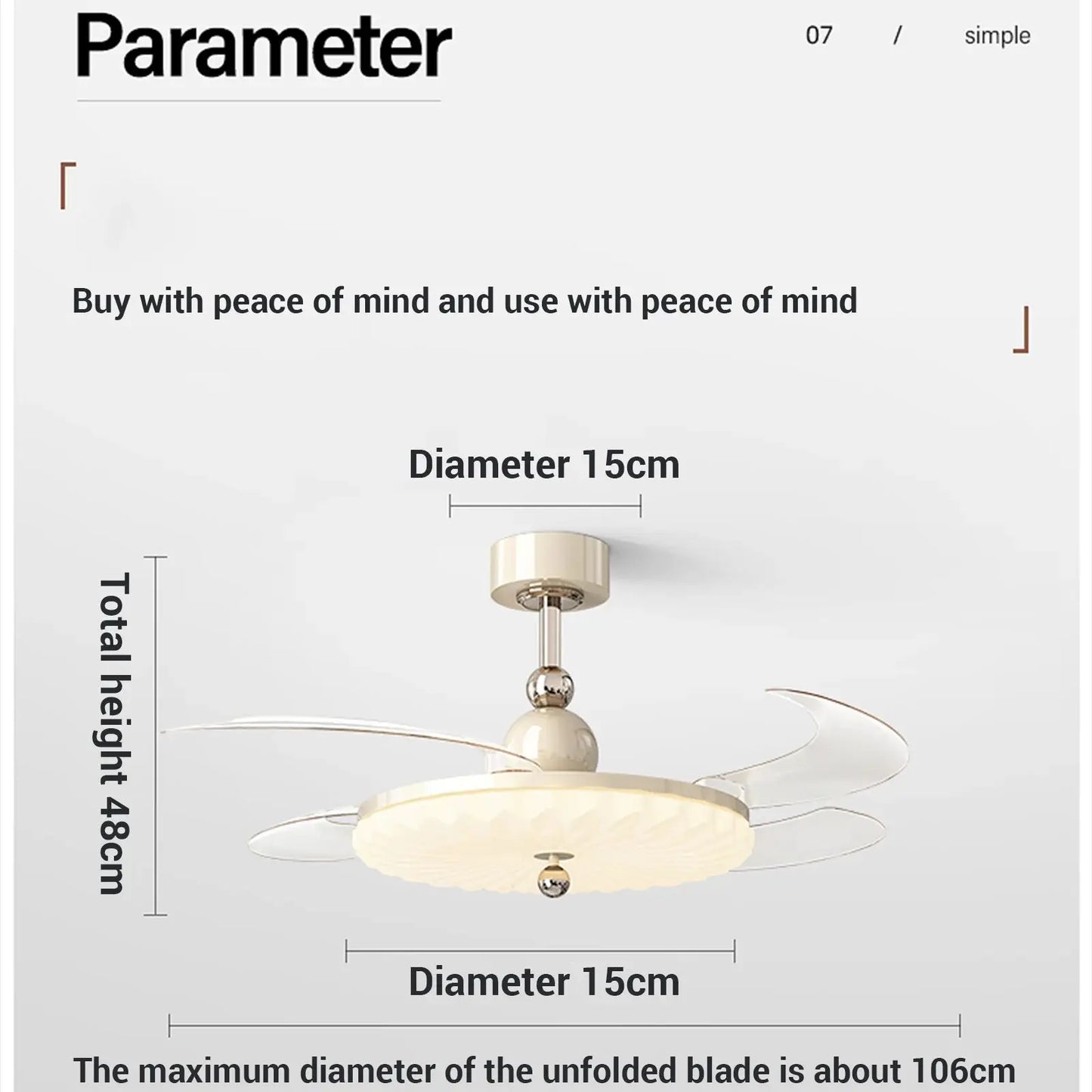 Plafonnier ventilateur rétro noyer 42" silencieux et rétractable avec télécommande