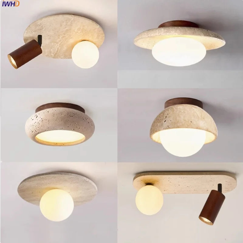 Applique Murale LED Japon Wabi Sabi en Travertin Jaune, Ambiance Chaleureuse