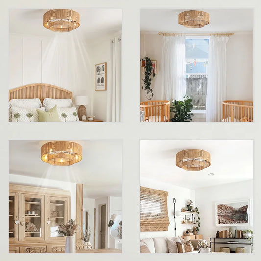 Plafonnier ventilateur de plafond bohème en bambou avec lumière et télécommande