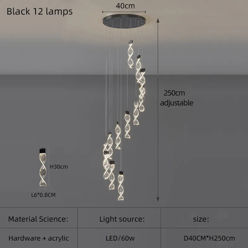 Lustre Spirale Duplex LED en cristal noir et or, design moderne, lumière blanche chaude
