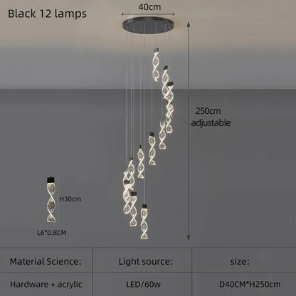 Lustre Spirale Duplex LED en cristal noir et or, design moderne, lumière blanche chaude