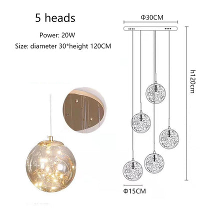 Suspension LED moderne boule de verre pour escalier et salon, lumière chaude dimmable