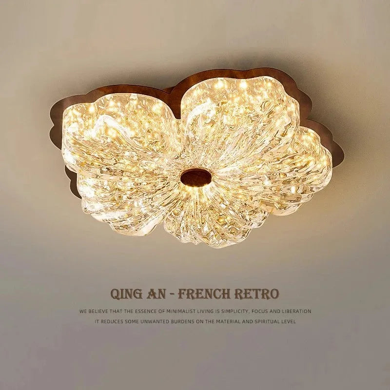 Plafonnier Vintage Français en Cristal à Fleurs, Lumière Chaude Ambiante