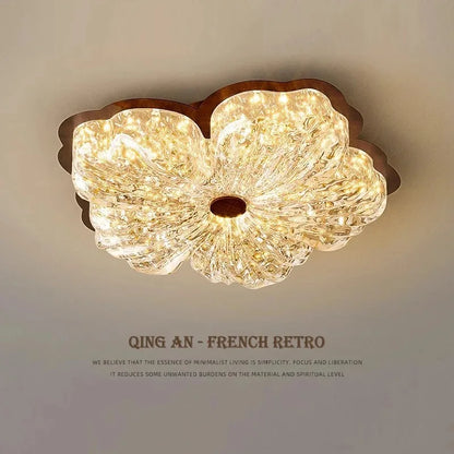 Plafonnier Vintage Français en Cristal à Fleurs, Lumière Chaude Ambiante