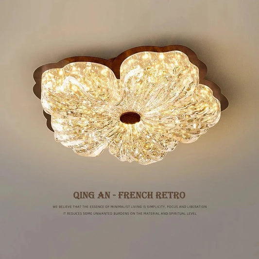 Plafonnier Vintage Français en Cristal à Fleurs, Lumière Chaude Ambiante