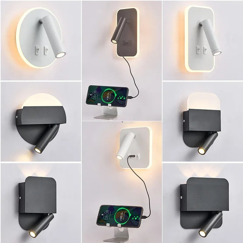 Applique Murale LED Minimaliste Moderne en Aluminium avec Charge USB et Lumière Chaude