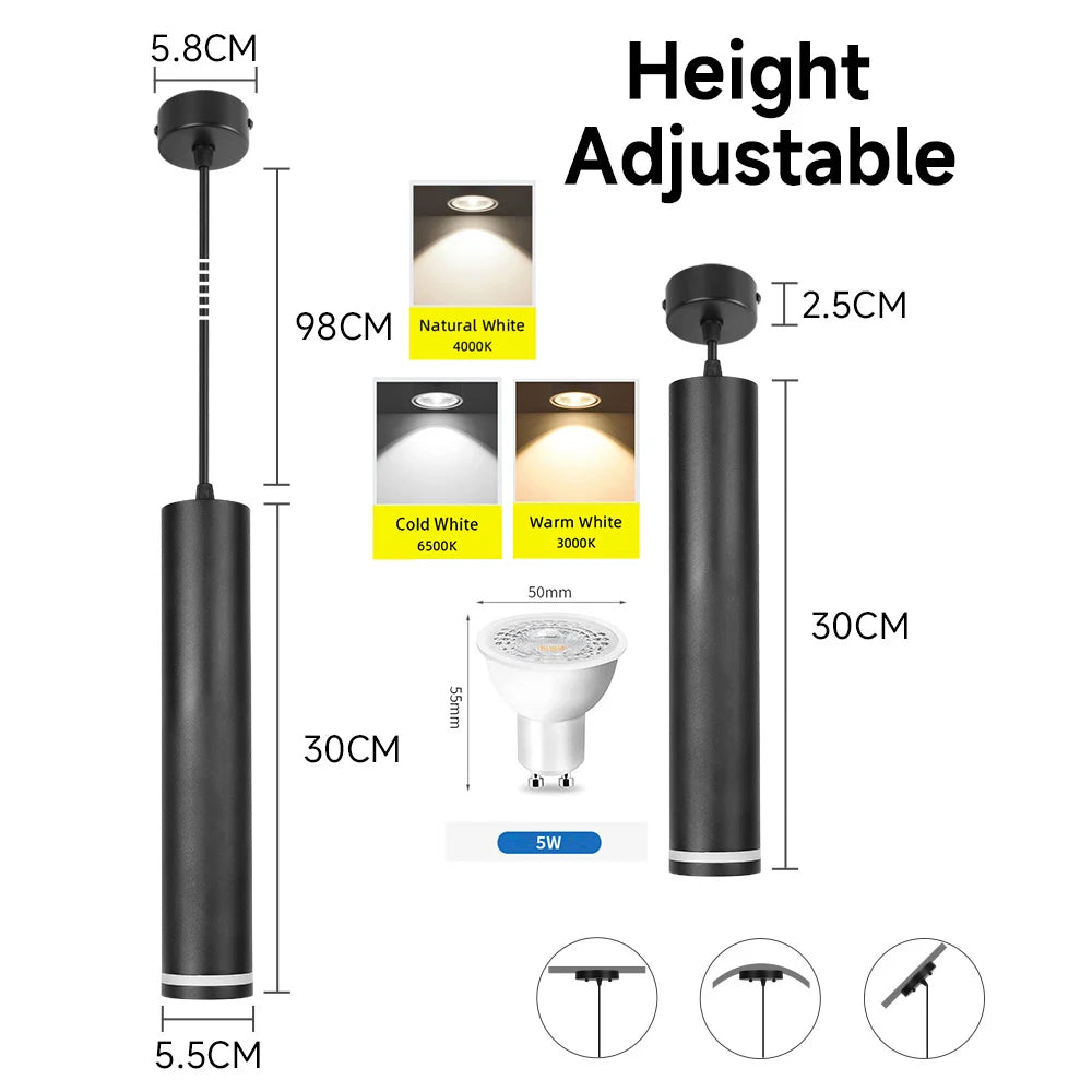 Suspension LED moderne en aluminium noir, lumière chaude ou neutre, 160-300mm