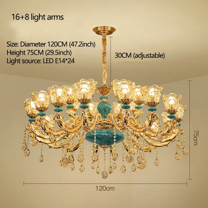 Lustre design européen en céramique et cristal, lumière chaude élégante