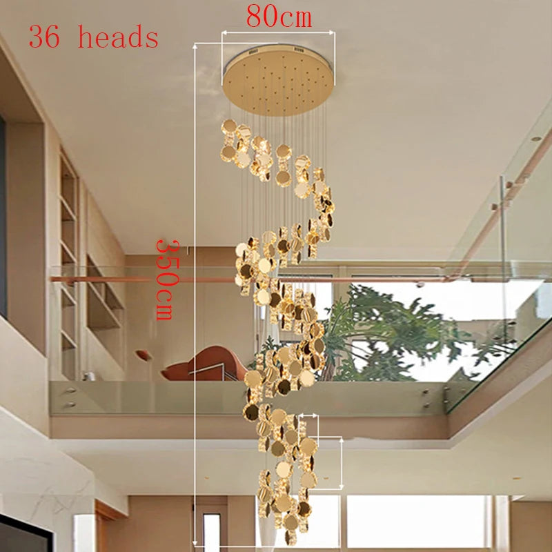 Lustre moderne en cristal LED pour escalier et salon, lumière chaude réglable