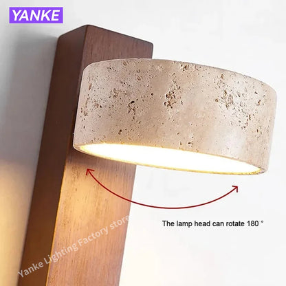 Applique Murale Japonaise Wabi Sabi en Travertin Jaune avec LED et Interrupteur à Chaînette