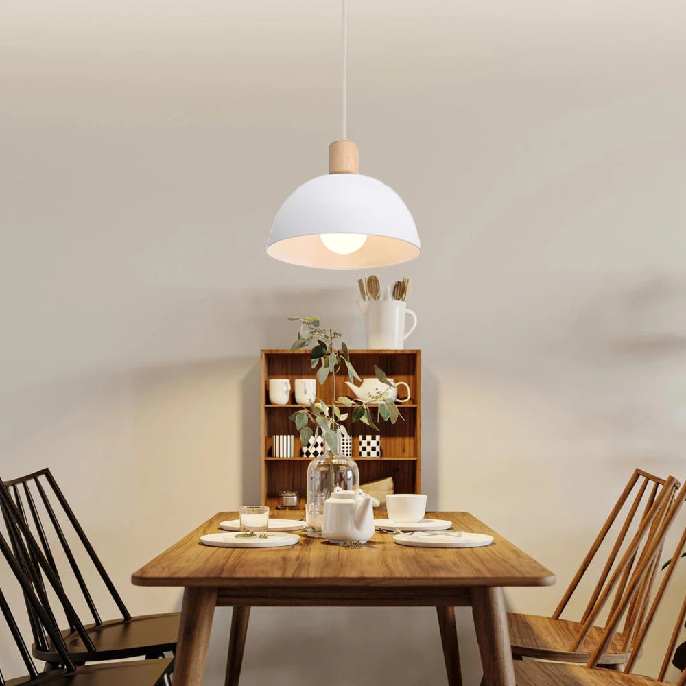 Suspension LED E27 moderne en fer et bois style nordique pour salon et cuisine