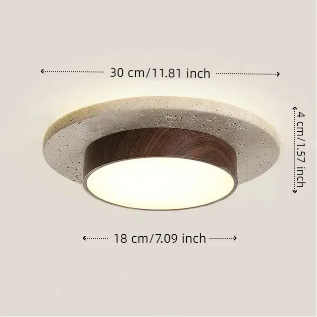 Plafonnier rond en pierre et bois Wabi Sabi, style nordique vintage, lumière chaude pour intérieur