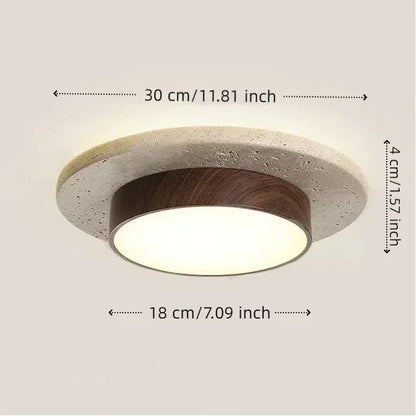 Plafonnier rond en pierre et bois Wabi Sabi, style nordique vintage, lumière chaude pour intérieur