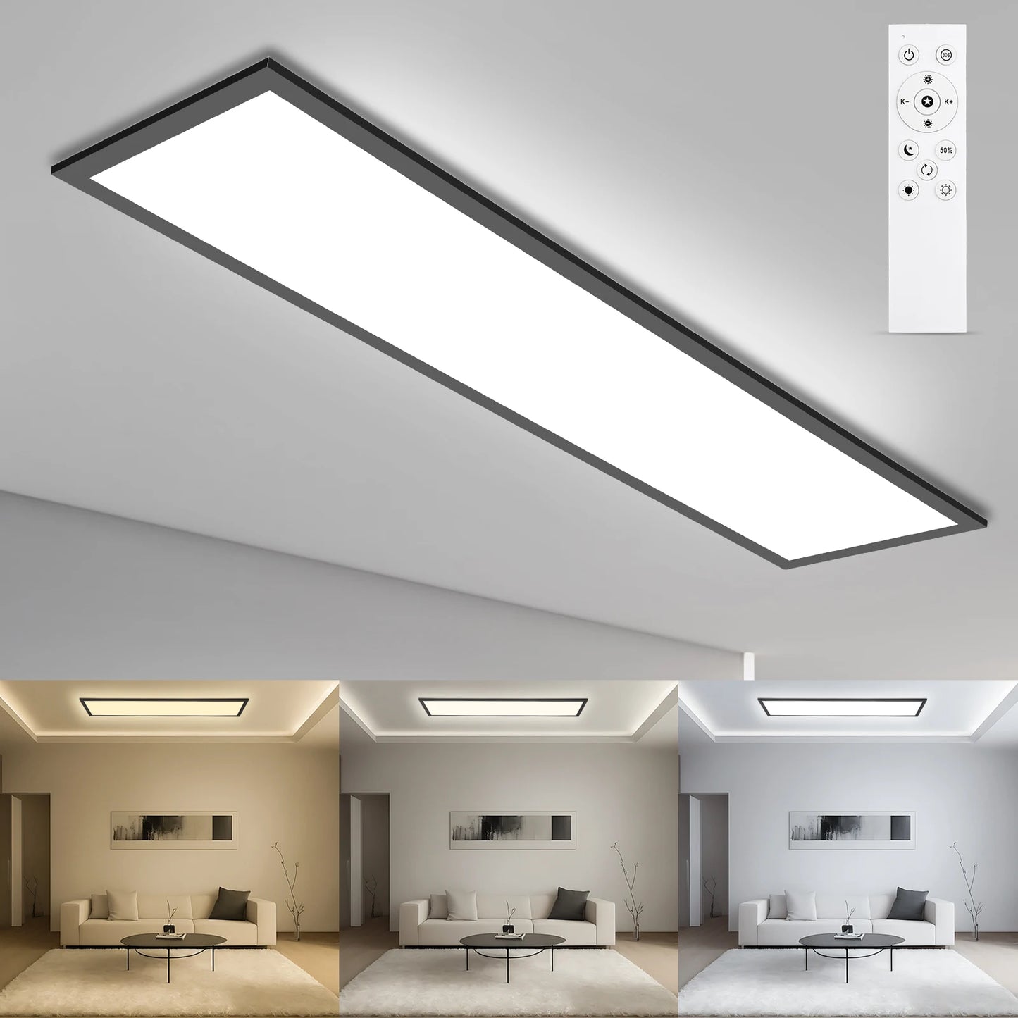 Plafonnier LED 100×25 cm 30 W dimmable, lumière variable 3000-6500 K avec télécommande, design moderne