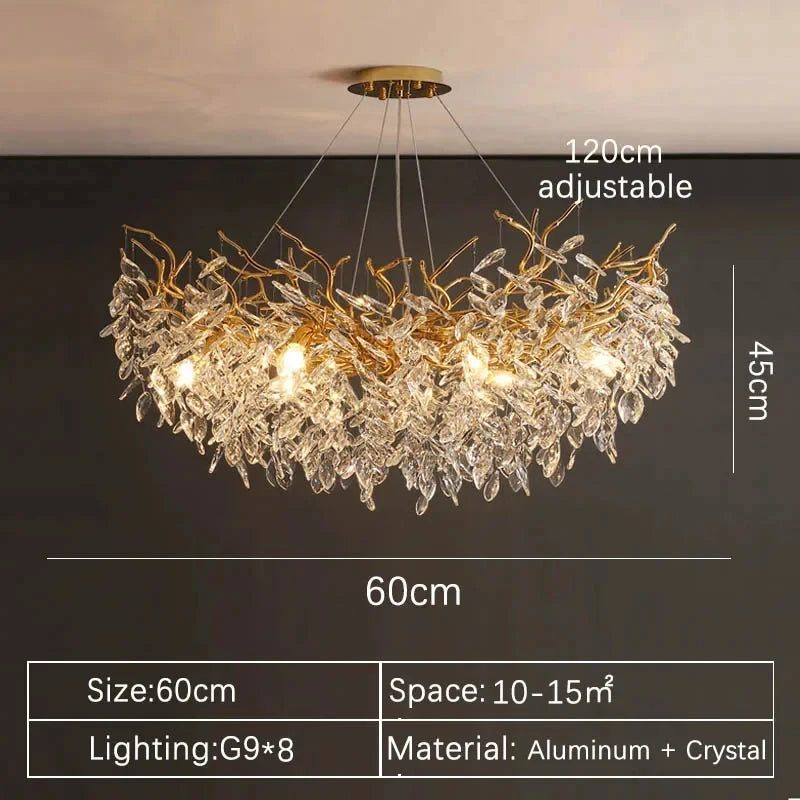 Suspension lustre LED cristal doré design moderne pour intérieur villa