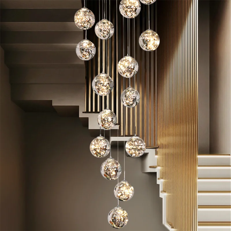 Suspension LED moderne boule de verre pour escalier et salon, lumière chaude dimmable
