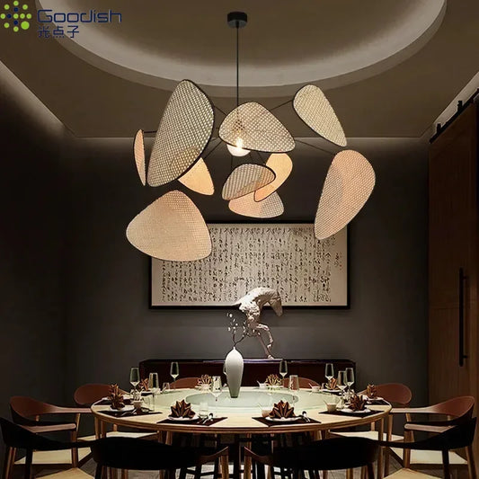 Suspension LED Wabi Sabi Japonais en bambou et rotin, lumière chaude pour intérieur élégant