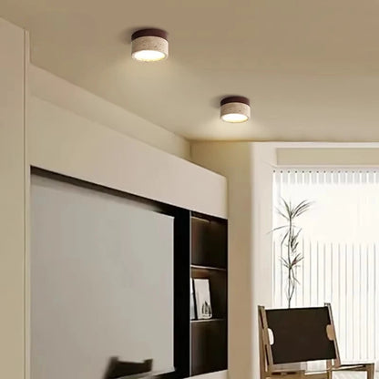 Plafonnier LED design Japonais en pierre travertin jaune et bois naturel, ambiance chaleureuse