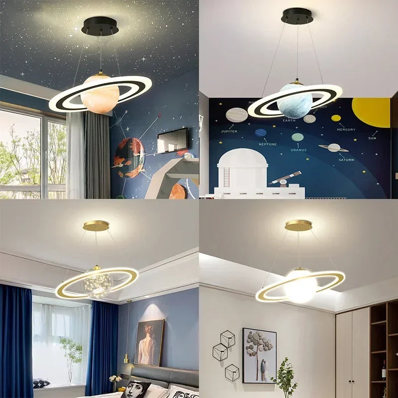 Suspension LED Nordique Planète en Fer et Verre, Lumière Chaude, Décor Salon et Chambre Enfant