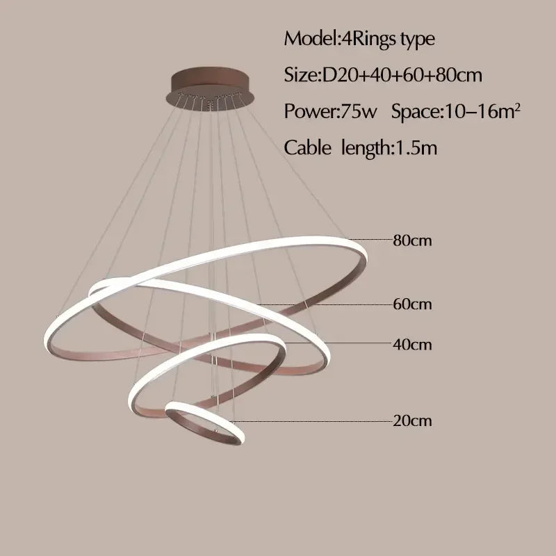 Lustre moderne 7 anneaux circulaires LED en alliage d’aluminium pour salon et salle à manger