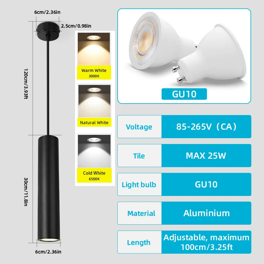 Suspension LED moderne en aluminium noir, lumière chaude ou neutre, 160-300mm