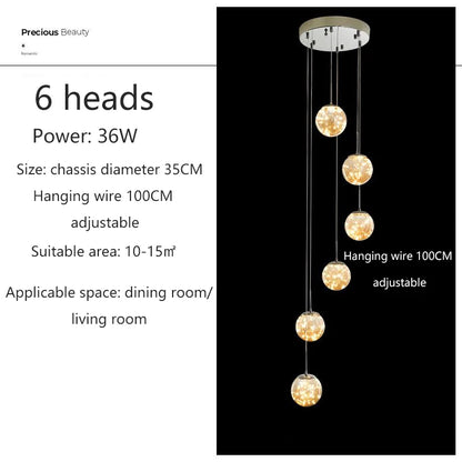 Suspension LED moderne boule de verre pour escalier et salon, lumière chaude dimmable
