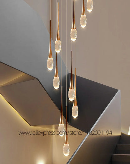 Suspension LED Moderne en Aluminium et Cristal, Lumière Chaude Dimable pour Salon et Escalier