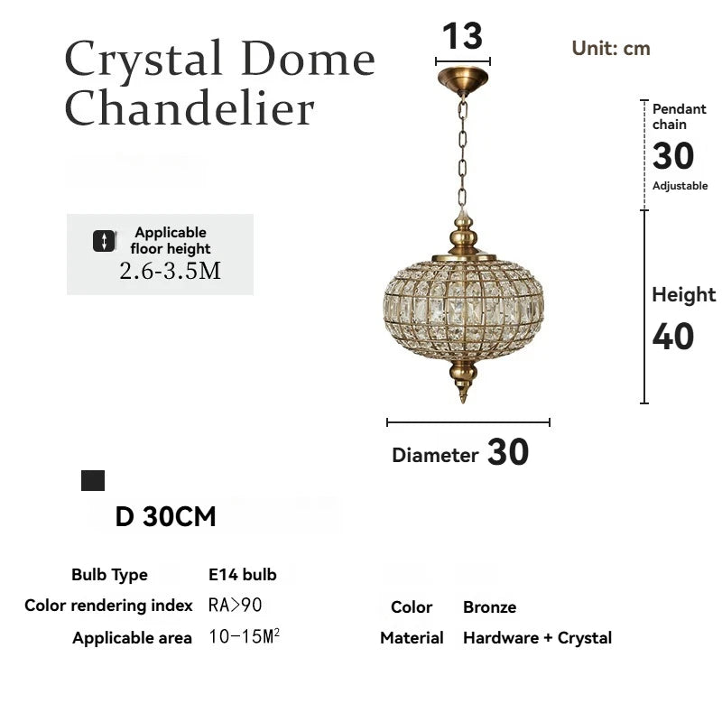 Suspension vintage en cristal et cuivre poli, éclairage LED chaleureux pour salon et hôtel