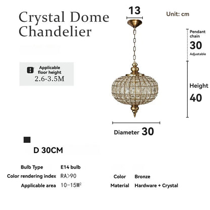 Suspension vintage en cristal et cuivre poli, éclairage LED chaleureux pour salon et hôtel