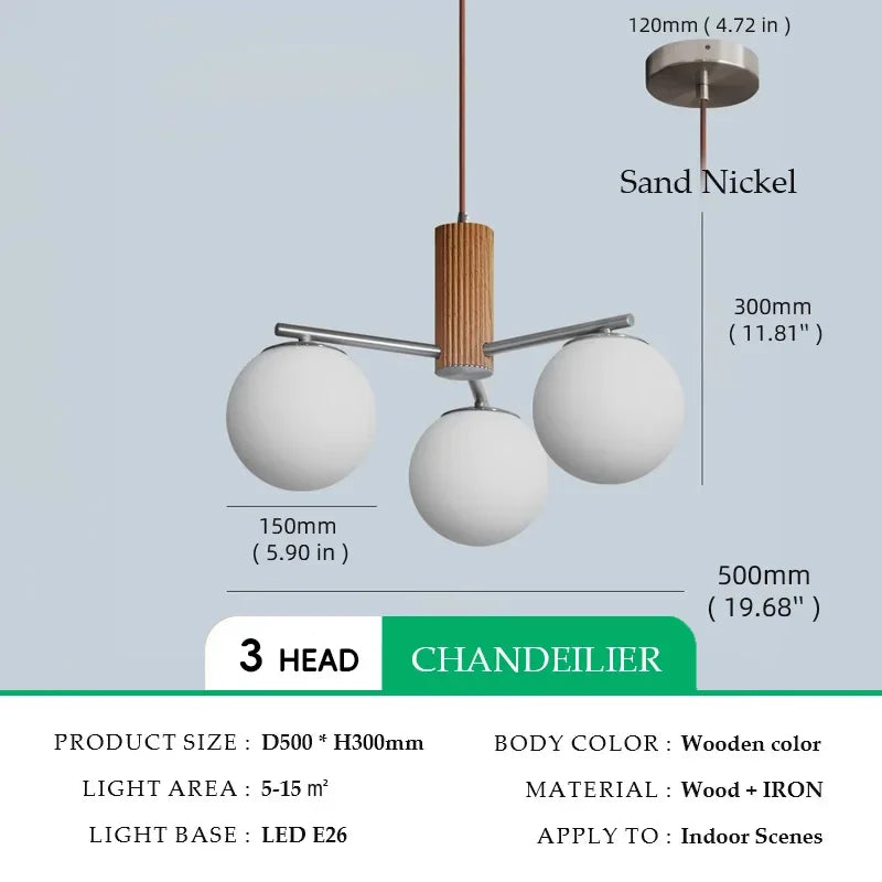 Suspension en bois de noyer japonais et verre dépoli ronde Wabi-sabi