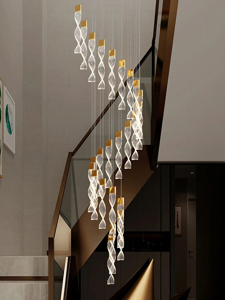 Lustre Spirale Duplex LED en cristal noir et or, design moderne, lumière blanche chaude