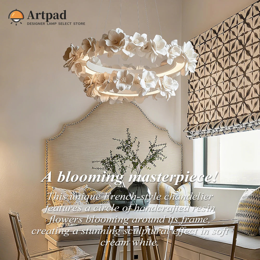 Suspension ronde florale en résine blanche crème à double couche pour salon et cuisine