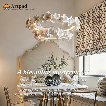 Suspension ronde florale en résine blanche crème à double couche pour salon et cuisine