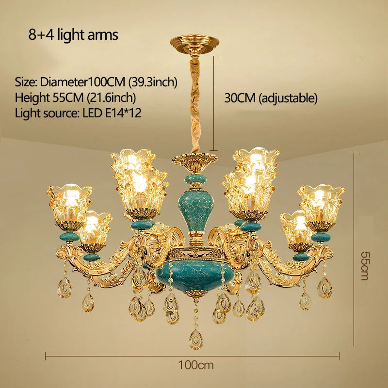 Lustre design européen en céramique et cristal, lumière chaude élégante