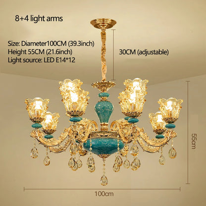 Lustre design européen en céramique et cristal, lumière chaude élégante