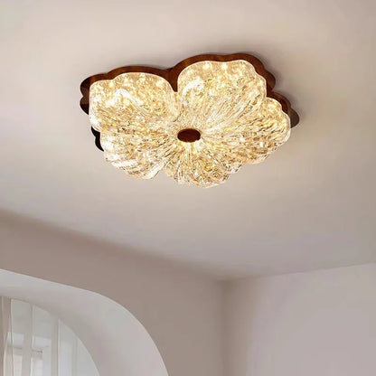 Plafonnier Vintage Français en Cristal à Fleurs, Lumière Chaude Ambiante