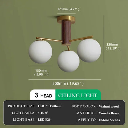 Suspension en bois de noyer japonais et verre dépoli ronde Wabi-sabi