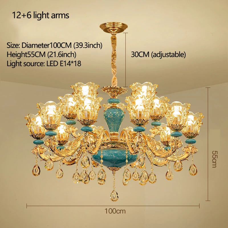 Lustre design européen en céramique et cristal, lumière chaude élégante