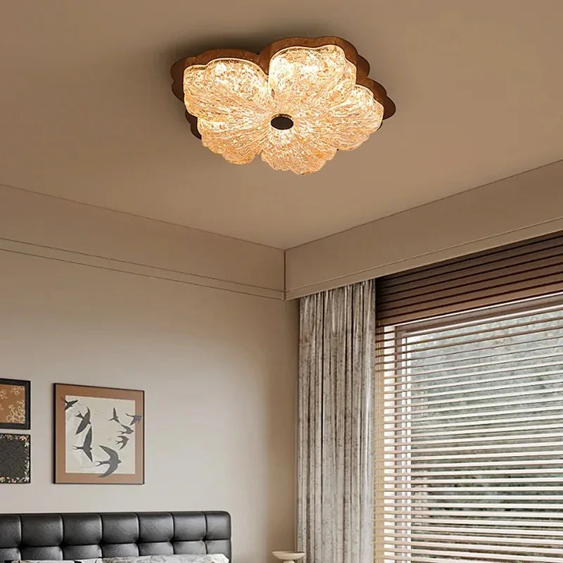 Plafonnier Vintage Français en Cristal à Fleurs, Lumière Chaude Ambiante