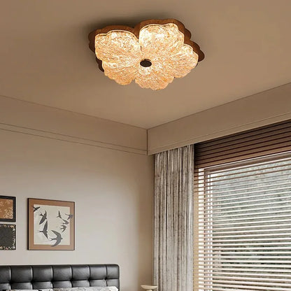 Plafonnier Vintage Français en Cristal à Fleurs, Lumière Chaude Ambiante