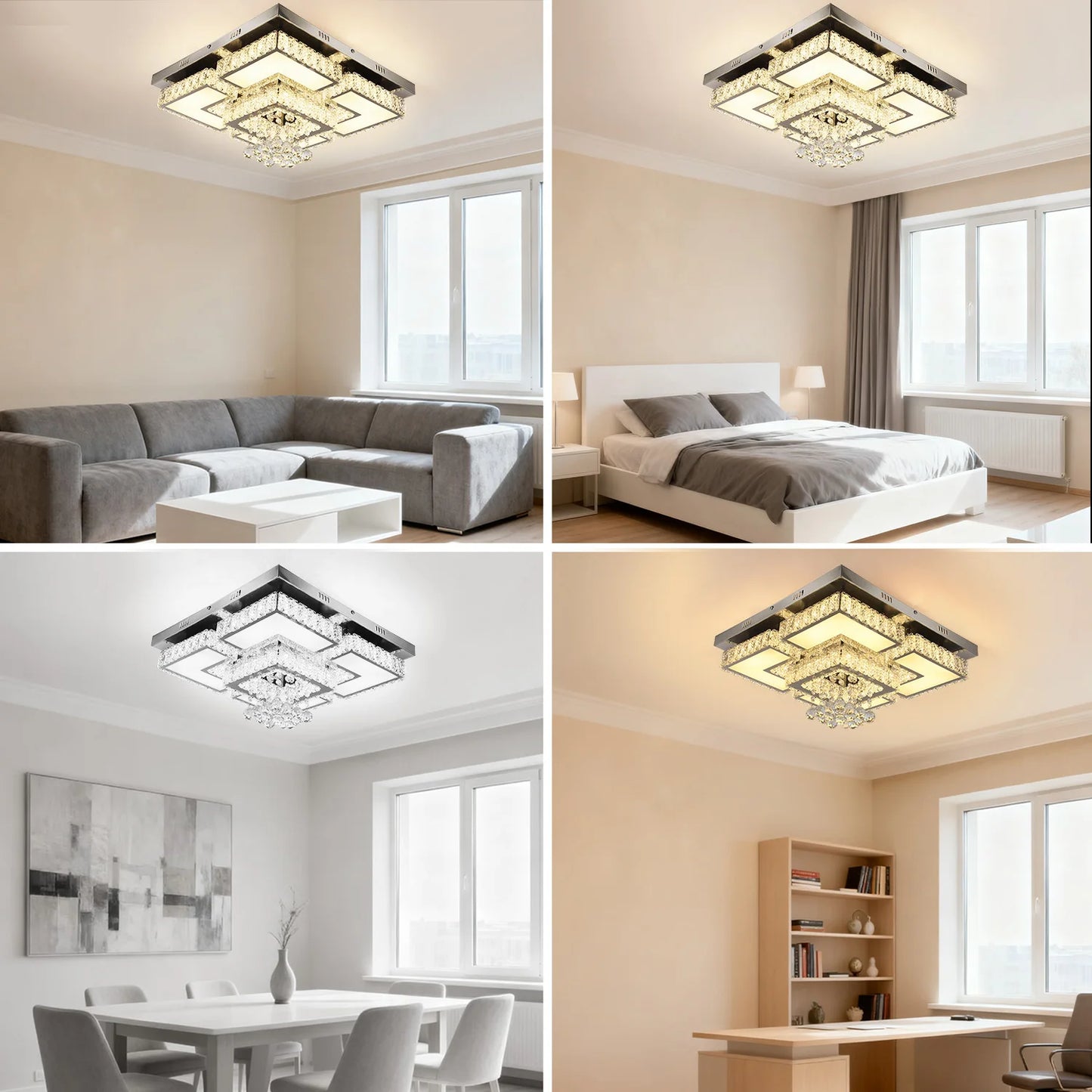 Plafonnier LED carré en cristal 50W avec télécommande et gradation réglable pour salon et chambre