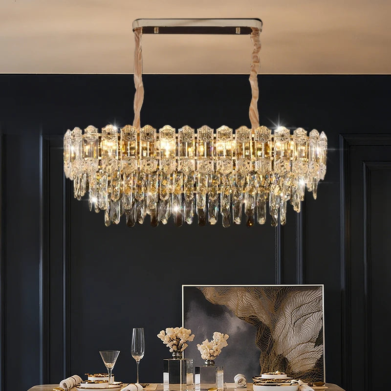 Suspension lustre LED cristal design moderne pour salle à manger haut plafond