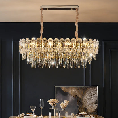 Suspension lustre LED cristal design moderne pour salle à manger haut plafond